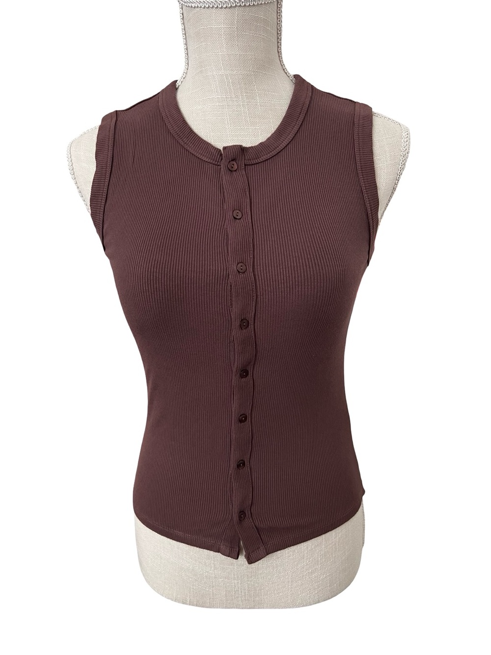 Pink Rose Ribbed Button-Front Tank in Dark Brown